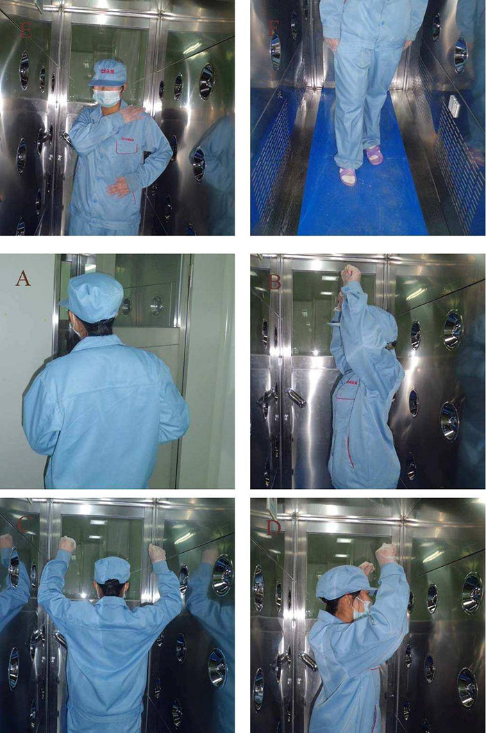 進入風淋室前無塵服應穿著得當，袖口和領口需拉緊，避免衣物內(nèi)外的塵埃進入。